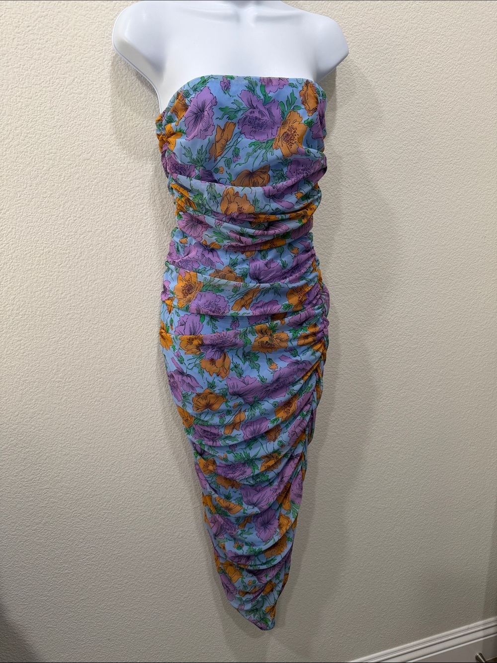VERONICA BEARD Lavender and Mustard Floral Strapless Ruched Midi Dress NWT $ 249